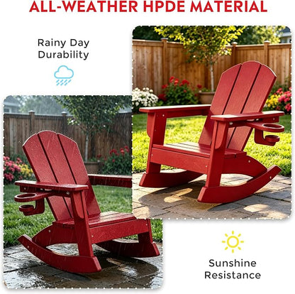 Costaelm Paradise Kids Outdoor Preschool HDPE Plastic Classic Adirondack Rocking Chair (Set of 2), Red
