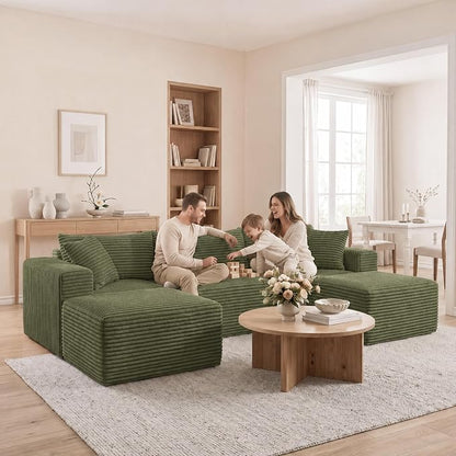 Claiks 94" Boneless Couch, Cloud Couch Sectional, U-Shape Corduroy Modular Sectional Sofa Deep Seat, Upholstered Couches for Living Room, No Assembly Required, Green