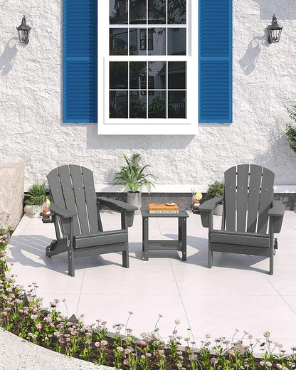 Folding Adirondack Chair Set of 4 with 2 Side Table, All-Weather HDPE Outdoor Chair, Wooden Textured with Cup Holder for patios, Decks, Gardens, fire pits, Grey