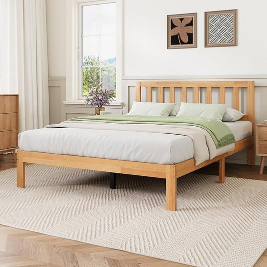 Novilla 12 Inch Queen Bed Frame with Headboard, Queen Size BedFrame with Headboard Classic Wooden Bed Frame Queen Size with Wood Slat Support, No Box Spring Needed, Easy Assembly, Natural Grain Wood