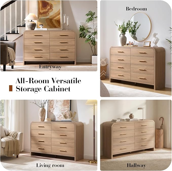 Curved 8 Drawer Dresser for Bedroom, 53.82'' Wide Chest of Drawers, Modern Storage Cabinet for Hallway & Living Room TV Stand, FSC Certified 1.18" Thick Board, 100 lbs Top Weight, Oak