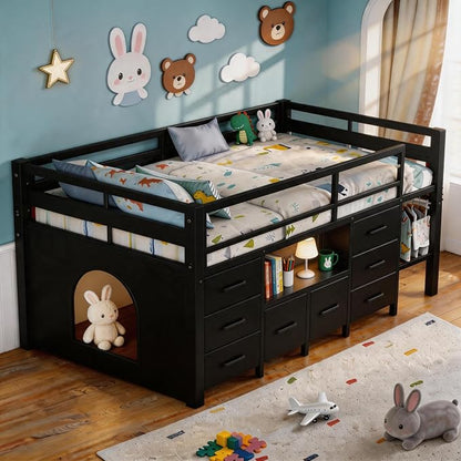 Einhomn Twin Low Loft Bed with 8 Drawers, Bookshelf, Heavy Duty Metal Kids Loft Bed with 13 Inch Safety Guardrail, Play Curtain, Under-Bed Play Area - Black