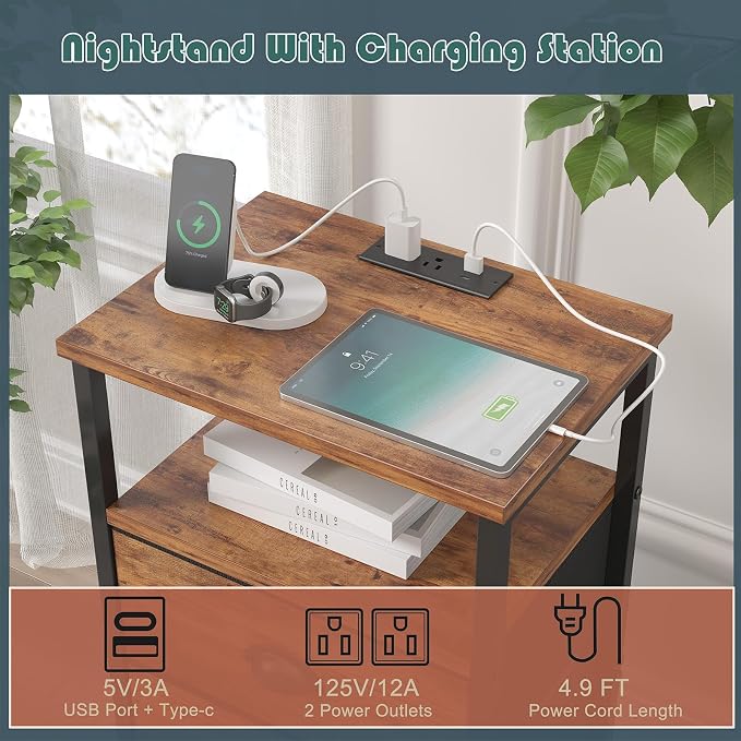 sthmec Nightstand with Charging Station,LED Night Stand with 5 Fabric Drawers, Bedside End Tables, 2-Tier Open Storage Shelf Side Table Nightstands with Drawers for Bedroom,Rustic Brown