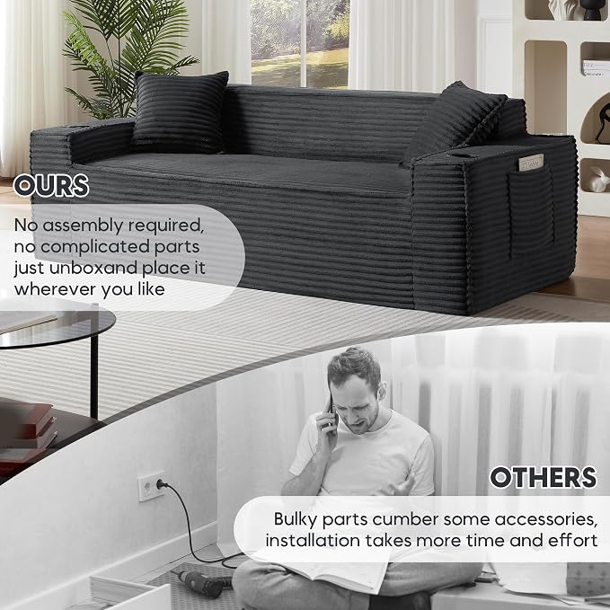 Boneless Sectional Sofa Couch with Cup Holders & Side Pockets, Modern Corduroy Fabric Deep Seat 3-seat Cloud Couch for Living Room Office, No Assembly (Grey)