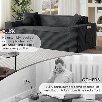 Boneless Sectional Sofa Couch with Cup Holders & Side Pockets, Modern Corduroy Fabric Deep Seat 3-seat Cloud Couch for Living Room Office, No Assembly (Grey)