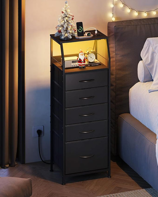 WLIVE LED Nightstand with Charging Station, Fabric Dresser with 5 Drawers for Bedroom, Tall Night Stand with Open Shelves, Bed Side Tables Living Room, Black