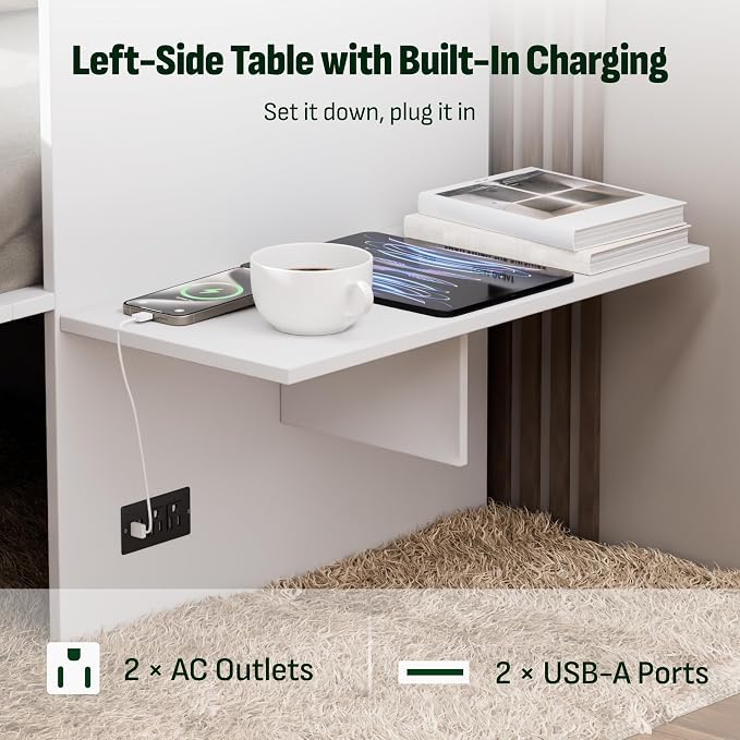 Softa Queen Murphy Bed Cabinet with Storage Drawer & Charging Station, 1200 LBS Heavy Duty Wood Wall Bed with Fold-Down Desk for Guest Room & Home Office, No Box Spring Needed
