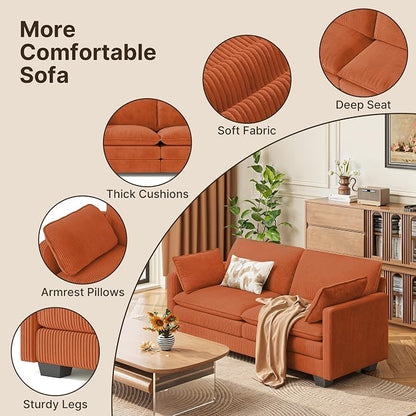 Gizoon 75” Small Cloud Loveseat Couches for Living Room, 2 Seater Love Seat Sofa with Comfy Deep Seat, Small Washable Couches with Removable Corduroy Cover for Apartment, Orange