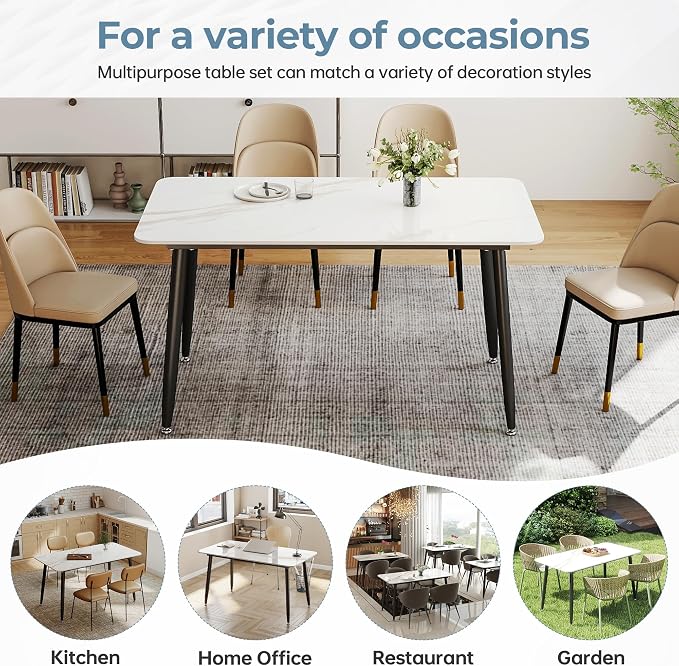 55" White Glossy Rectangular Sintered Stone Dining Table With Metal Legs | Versatile kitchen furniture for indoor and outdoor placement, matched with adjustable silent foot pads.