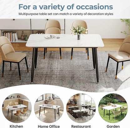 55" White Glossy Rectangular Sintered Stone Dining Table With Metal Legs | Versatile kitchen furniture for indoor and outdoor placement, matched with adjustable silent foot pads.