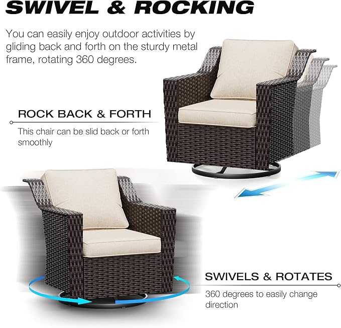 Joyside Wicker Patio Furniture Sets, 6 Pieces Upgraded Large Size Outdoor Furniture with Swivel Rocking Patio Chairs, Outdoor Ottoman, 3-Seat Sofa and Side Table, Thick Cushions, Wide Armrest
