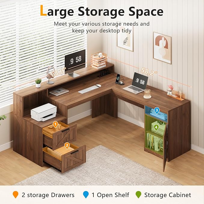 YOMILUVE 63" Farmhouse L Shaped Executive Desk with Drawers & Storage Shelf, Corner Computer Desk with Power Outlets, L Shaped Office Desk with Monitor Stand, Printer Shelf, Brown