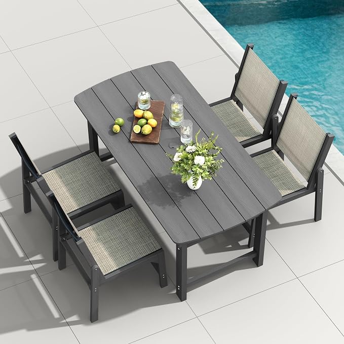HDPE Outdoor Patio Dining Set with Table & 4 Stackable Armless Textilene Chairs, All-Weather 5-Piece Dining Table Set with Umbrella Hole, Patio Furniture for Garden, Poolside, Backyard, Deck | Grey