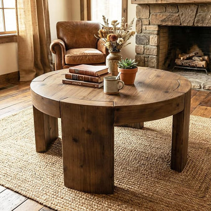 Solid Wood Round Coffee Table, 31.5-Inch Farmhouse Circle Center Cocktail Tea Table for Living Room, Wood Home Living Room Furniture, Easy Assembly, Rustic Brown