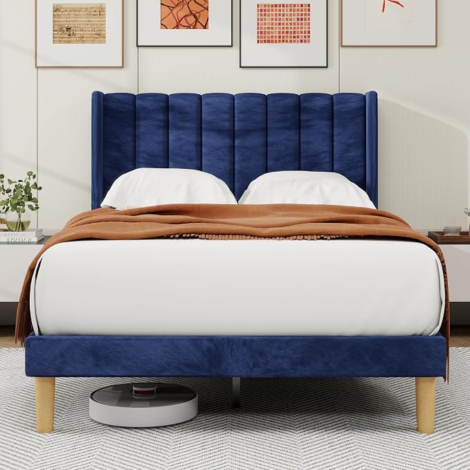 alazyhome Platform Bed Frame Full Size with Upholstered Headboard, Solid Wood Slats Support, No Box Spring Needed, Noise Free, Easy Assembly, Modern Velvet Bed, Blue