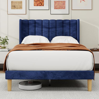alazyhome Platform Bed Frame Full Size with Upholstered Headboard, Solid Wood Slats Support, No Box Spring Needed, Noise Free, Easy Assembly, Modern Velvet Bed, Blue
