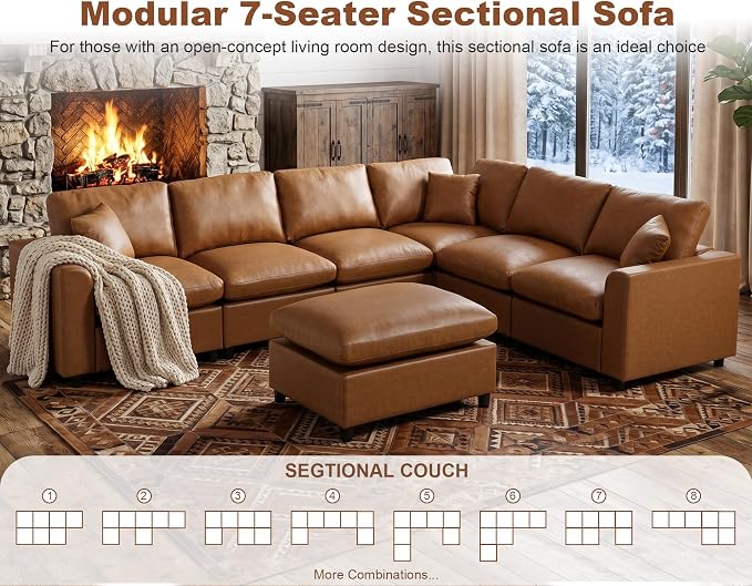 Oversized Leather Modular Sectional Sofa for Living Room, Brown | Extra Deep Seat, Pet-Friendly, Easy to Clean, Easy to Assemble, with Ottoman, Large 7 Seater U Shaped Cloud Couch