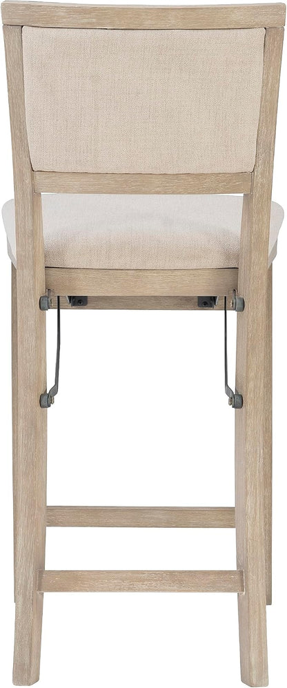 Linon Keira Natural Rustic Wooden Folding 25 Inch Seat Height Counter Stool with Beige Upholstered Seat and Back