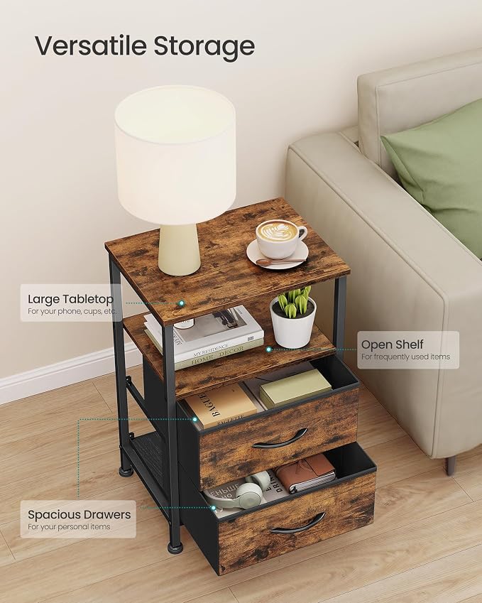 SONGMICS Nightstand, Bed Side Table, End Table with 2 Drawers and 1 Open Shelf, Industrial, Rustic Brown, BELLAH Collection ULGS052K101S