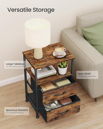 SONGMICS Nightstand, Bed Side Table, End Table with 2 Drawers and 1 Open Shelf, Industrial, Rustic Brown, BELLAH Collection ULGS052K101S