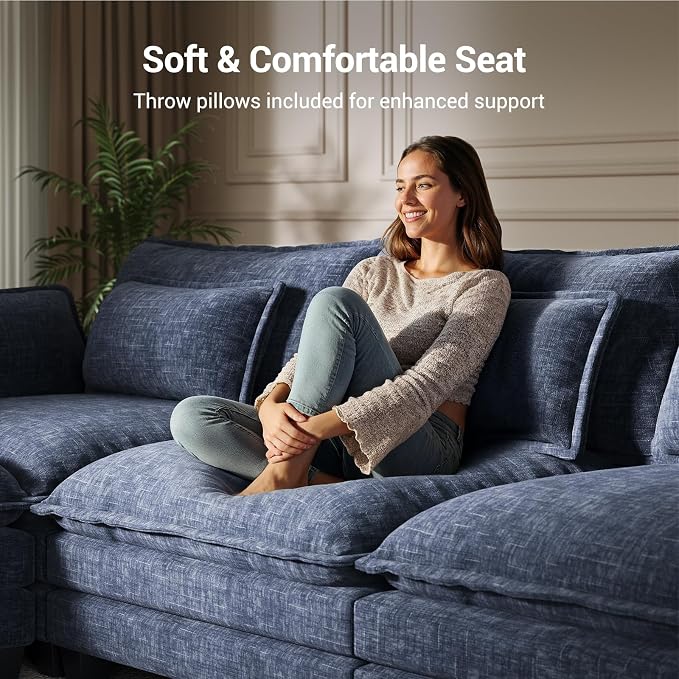 Pipishell 110.6" Modular Sectional Sofa, U Shaped Cloud Couch with Movable Ottoman, 5-Seat Chenille Deep Seat Cloud Modular Sectional Sofa with Throw Pillows for Living Room & Apartment, Blue