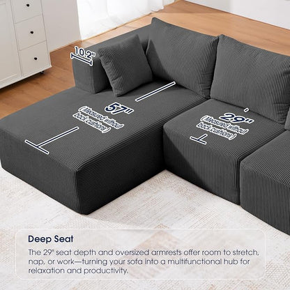 KINGYES Boneless Chaise Lounge Chair for Modular Sectional Sofa, L Shape Corduroy Upholstered Chaise Lounge for Living Room, Gray