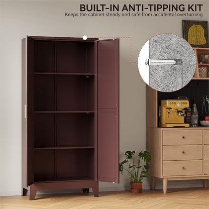 COFaR 61" Metal Storage Cabinet with Doors and Adjustable Shelves, Tall Pantry Cabinet Freestanding Kitchen Pantry Storage Cabinet, Steel Cupboard for Bathroom, Living Room & Office, Reddish Brown
