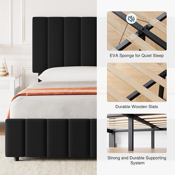 IDEALHOUSE King Upholstered Bed Frame with 4 Storage Drawers, Adjustable Headboard and Wooden Slats Support, No Box Spring Needed, Black
