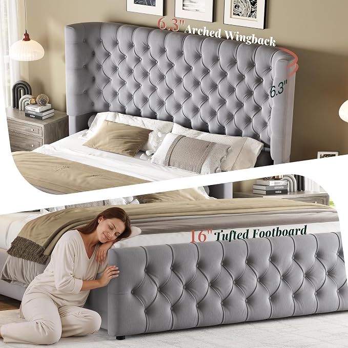 Jocisland King Size Upholstered Bed Frame with 6.3-Inch Curved Wingback Headboard, Tufted Footboard, Wood Slats, No Box Spring Needed, Light Grey Velvet