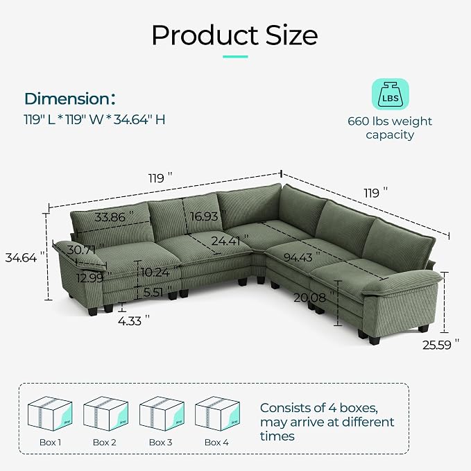 LINSY HOME Modular Sectional Sofa 5 Seat Couch Corduroy Cloud Couch with Deep Seat, Modern V-Shaped Cloud Couch for Living Room, Office, Bedroom, Green