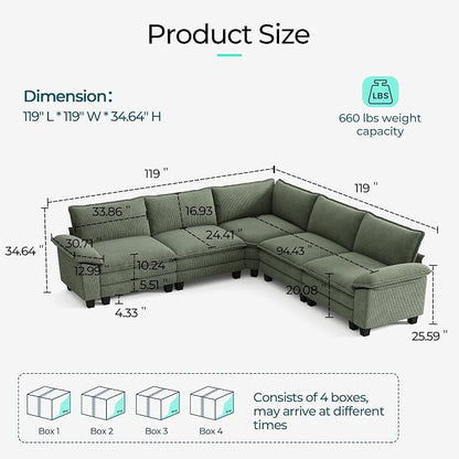 LINSY HOME Modular Sectional Sofa 5 Seat Couch Corduroy Cloud Couch with Deep Seat, Modern V-Shaped Cloud Couch for Living Room, Office, Bedroom, Green