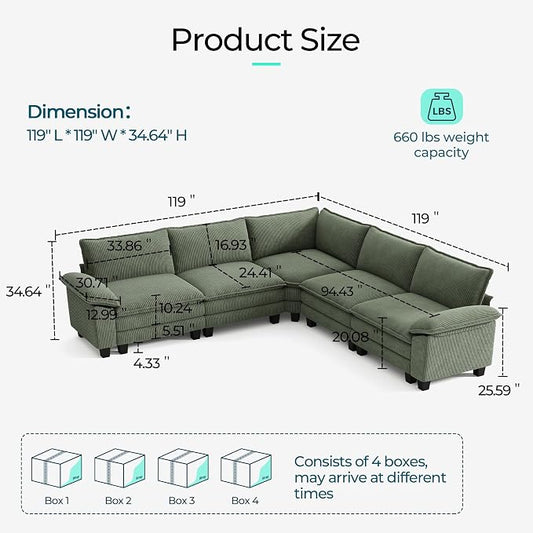 LINSY HOME Modular Sectional Sofa 5 Seat Couch Corduroy Cloud Couch with Deep Seat, Modern V-Shaped Cloud Couch for Living Room, Office, Bedroom, Green