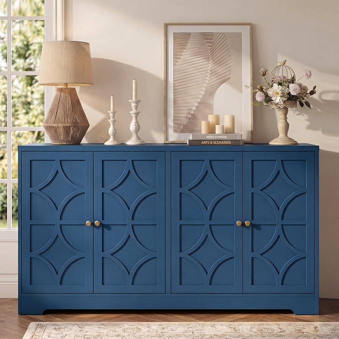 RoyalCraft Sideboard Buffet Cabinet with Storage, 56" Modern Sideboard with 4 Carved Doors, Large Wood Coffee Bar Console Table for Kitchen, Dining Room, Entryway, Living Room, Blue