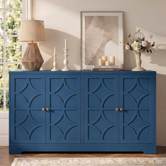 RoyalCraft Sideboard Buffet Cabinet with Storage, 56" Modern Sideboard with 4 Carved Doors, Large Wood Coffee Bar Console Table for Kitchen, Dining Room, Entryway, Living Room, Blue