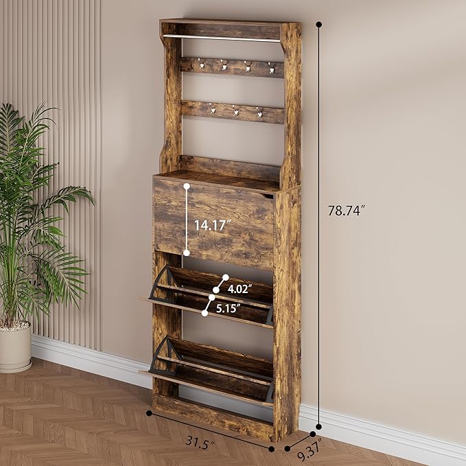 Shoe Storage Cabinet, Wood Shoe Organizer for Entryway with 3 Flip Drawers, Freestanding Shoe Rack with Adjustable Shelf, Narrow Shoe Dresser for Front Door Entrance (Brown, Tall 3 Drawers)