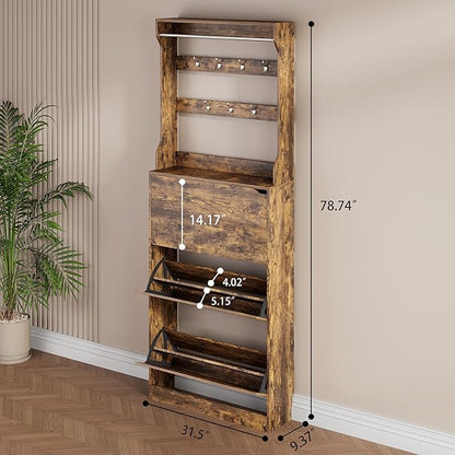 Shoe Storage Cabinet, Wood Shoe Organizer for Entryway with 3 Flip Drawers, Freestanding Shoe Rack with Adjustable Shelf, Narrow Shoe Dresser for Front Door Entrance (Brown, Tall 3 Drawers)