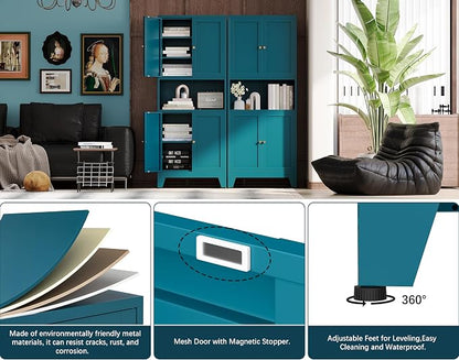69"H Metal Pantry Cabinet with Microwave Stand,Tall Kitchen Storage Cabinets,Blue Food Pantry Cabinet with 4 Doors and Shelves, Large Hutch Cabinets for Kitchen, Dining Room, Living Room and Bathroom