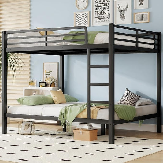 Full Over Full Bunk Bed, Metal Full Size Bunk Beds with Guardrail, Bunk Bed for Adults, Teens, Heavy Duty Bunk Beds Full Size,Safety Guardrail & Ladders, Space-Saving Design, No Box Spring Needed