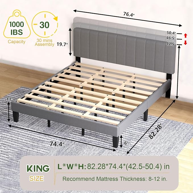 King Size Bed Frame with Velvet Upholstered Platform Bed and Wooden Slats Support, Adjustable Height Headboard/No Box Spring Needed/Easy Assembly/Mattress Foundation