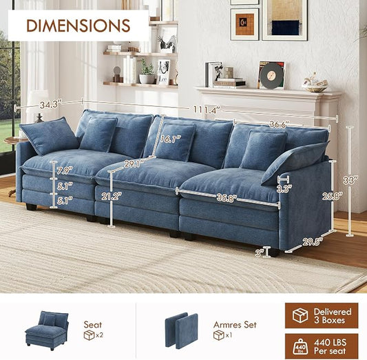 WorthFurni 111.4” Cloud Couch, Modular Sectional Sofa, Comfy Modern 3-Seater Couches with Pillows & Upholstered Deep Seat Cushion for Living Room Apartment Bedroom (Blue)
