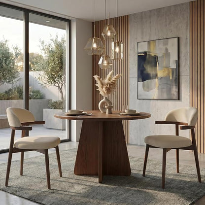 MOJAY Dining Chairs Set of 2 Walnut, Linen Beige with Curved Armrests