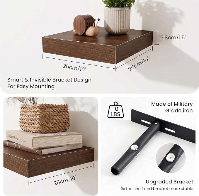 Fun Memories Floating Shelves for Wall 10 Inch, 10 Inch Deep Square Wall Shelves, Bathroom Storage Shelves Over Toilet, Wood Floating Shelves for Living Room Bedroom, Walnut, Set of 2