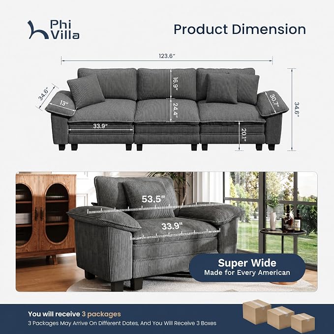 PHI VILLA Modular Couches Sets, 123.6" Cloud Sectional Sofa with Upholstered Deep Seat, 3-Seater Couch for Living Room Apartment, Corduroy Fabric, Grey