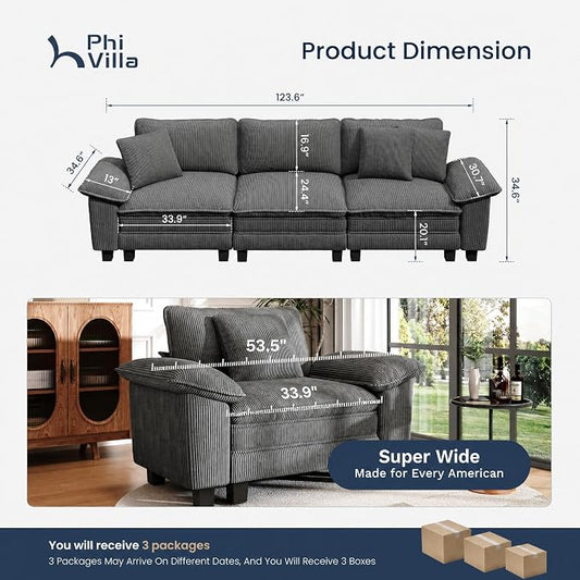 PHI VILLA Modular Couches Sets, 123.6" Cloud Sectional Sofa with Upholstered Deep Seat, 3-Seater Couch for Living Room Apartment, Corduroy Fabric, Grey