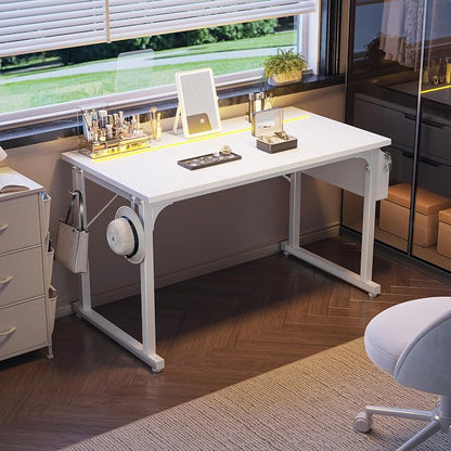 DurayLoly 48 Inch Computer Desk with LED Lights for Home Office,Bedroom Study Desk for Teens, Sturdy Metal Frame,Headphone Hook & Storage Bag,Small Space Design,White