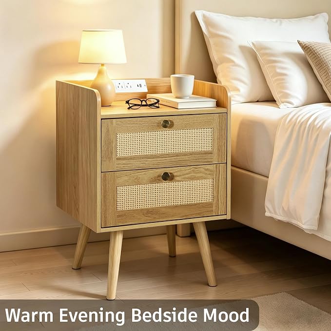 Nightstands Set of 2 with Charging Station, Modern Boho Rattan Bedside Tables with 2 Drawers,Open Storage End Tables for Bedroom, Small Spaces and Dorm, Solid Wood Legs,Natural