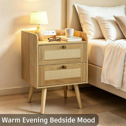Nightstands Set of 2 with Charging Station, Modern Boho Rattan Bedside Tables with 2 Drawers,Open Storage End Tables for Bedroom, Small Spaces and Dorm, Solid Wood Legs,Natural