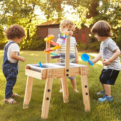 Kids Wooden Sensory Activity Table with 2 Collapsible Storage Bins, Acrylic Painting Board, Adjustable Height from 18-25”, Grow with Your Beloved.