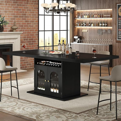 HSH Black Dining Table for 4 to 6, Modern Kitchen Dining Room Table with 3-Tier Storage Shelf and Acrylic Door Cabinet, Rectangular Wooden Dinner Tables for Home Kitchen Living Room, Black Oak，63 in