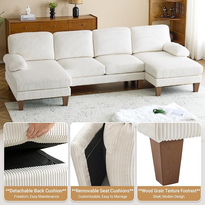 VINGLI 110' U Shaped Comfy Sectional Couch, Double Chaise Sofa in Corduroy Fabric for Apartment, 4-Seater Upholstered Couch with Memory Foam, Modern Couches for Living Room, Small Space, Beige